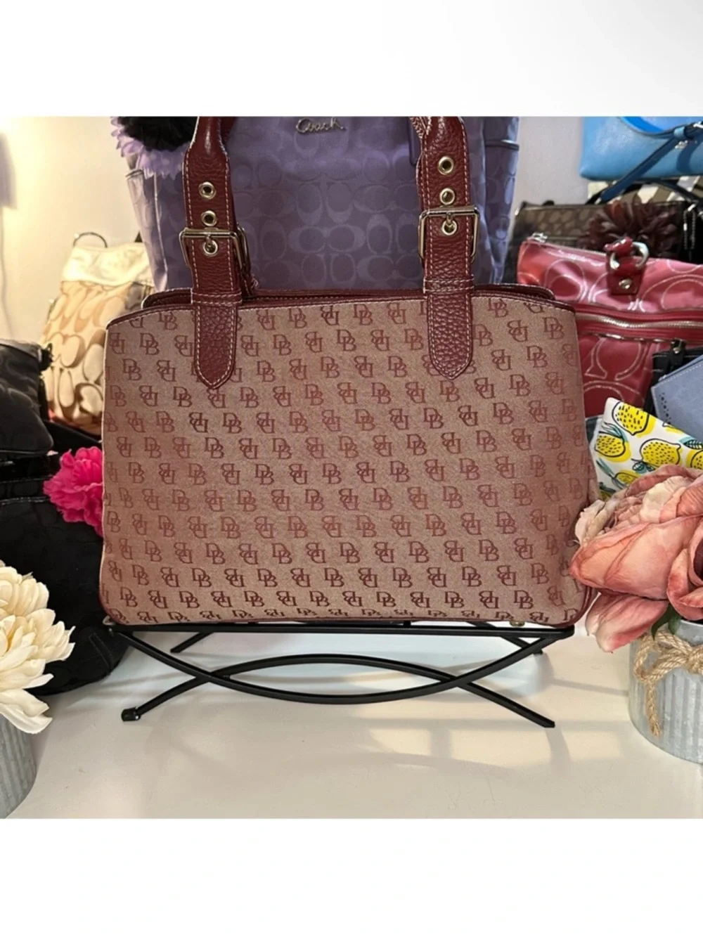 Dooney & Bourke Pink Monogram Satchel with Burgundy Trim